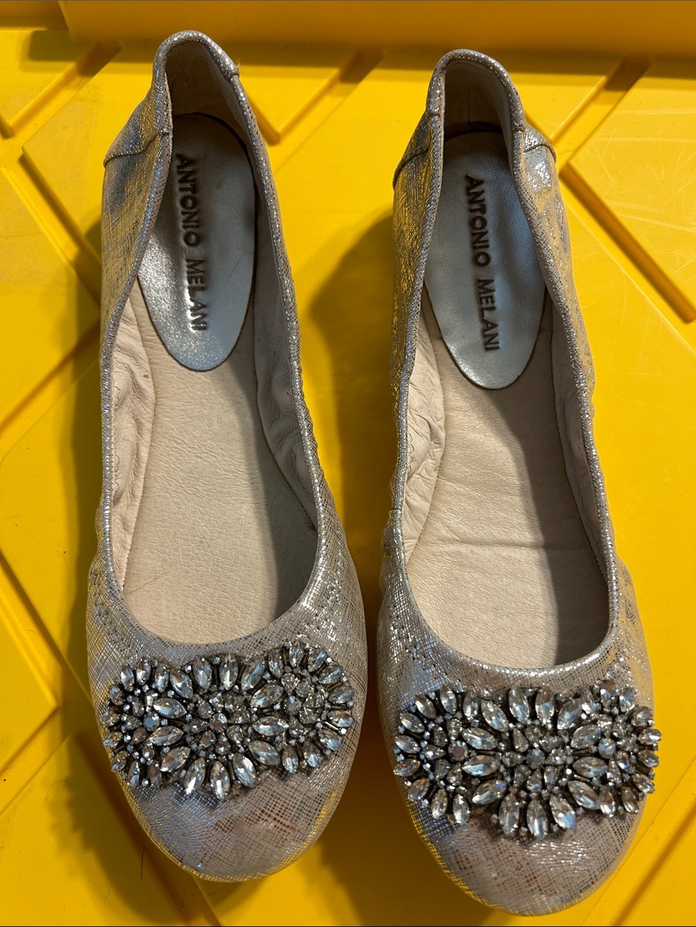 ANTONIO MELANI Silver Jeweled Round-Toe Ballet Flats